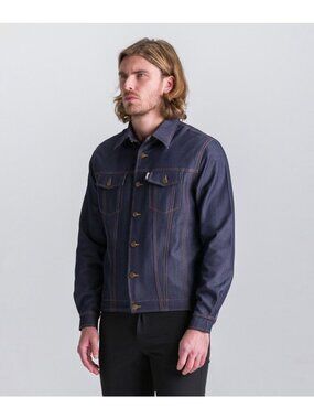 Thunder Trucker Jacket Size Large Blue 100% Cotton Pink Stitching Chest Pockets